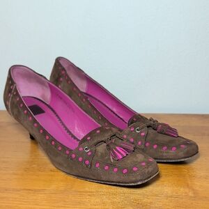Coach Jude Classic Pump Heels Brown + Pink Suede Kitten Heel Women's Size 7.5